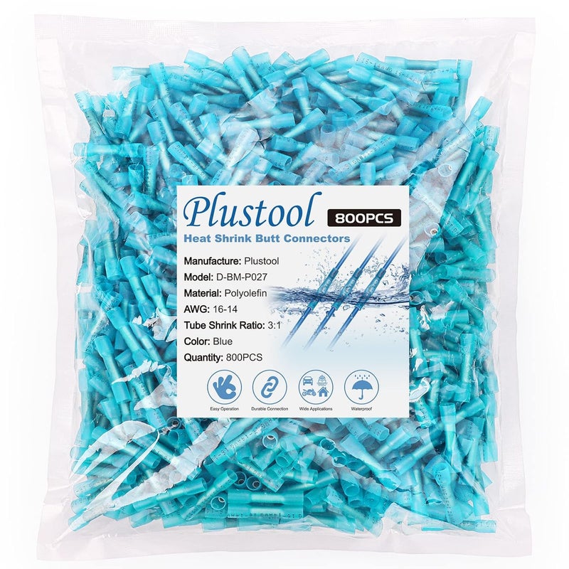 Plustool 800PCS Blue Heat Shrink Butt Connectors AWG16-14, Marine Grade Electrical Wire Connectors, Tinned Red Copper 0.8mm, Insulated Waterproof Crimp Terminals Butt Splice for Cable,Boat,Wiring - Image 1
